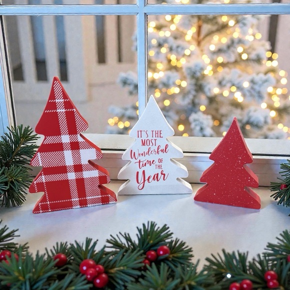 Other - NEW Most Wonderful Time Christmas Tree set of three wooden tree sitters.